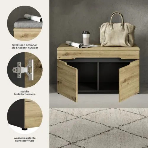 Garderobenbank Sitzbank Canu | grau /Artisan Eiche ohne Sitzkissen