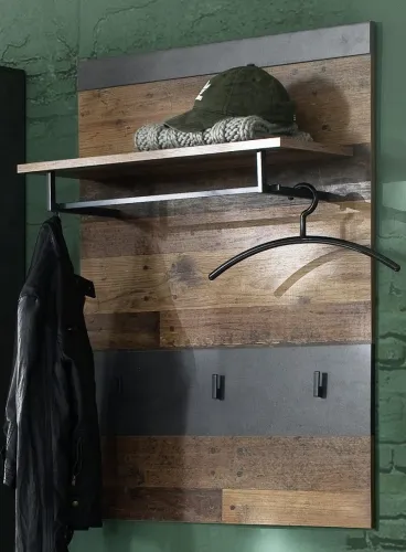 Garderobenpaneel Wandgarderobe Indy | Old Used Wood / Matera grau | Shabby Look