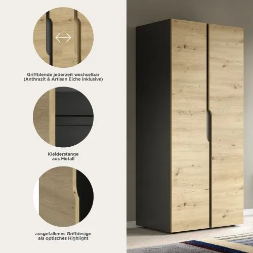 Garderobenschrank Kleiderschrank Anga | Anthrazit / Artisan Eiche