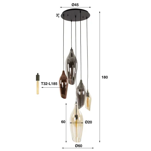 Hängelampe Mayu | 5 Leuchten | Glas | Bernstein / Chrom / Kupfer