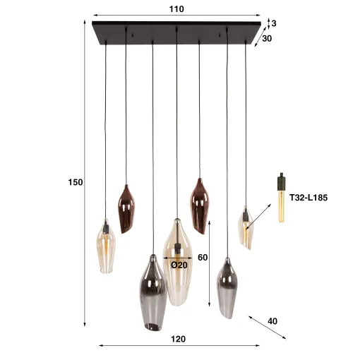 Hängelampe Mayu | 7 Leuchten | Glas | Bernstein / Chrom / Kupfer