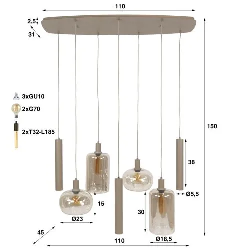 Hängelampe Sera | 7 Leuchten | Glas / Metall | Bernstein / beige