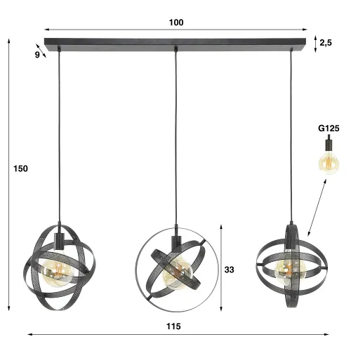 Hängelampe Yubiwa 3 Leuchten | Metallschirme | schwarz