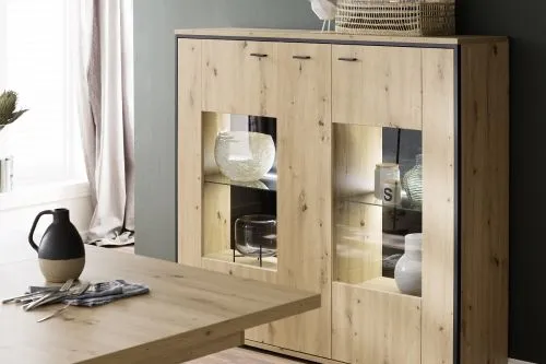 Highboard Buenos Aires | Balkeneiche | mit 2er Set LED Rückwandbeleuchtung