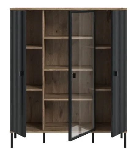 Highboard Chess | Nox Oak / schwarz mit 2er Set Beleuchtung