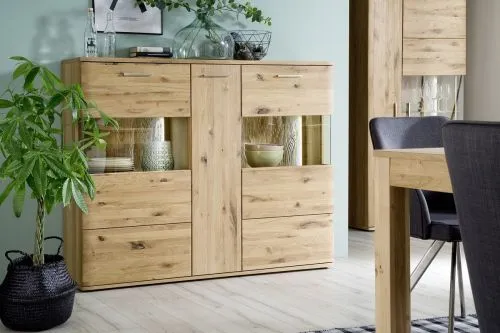 Highboard groß Santori | Eiche Bianco | LED Beleuchtung