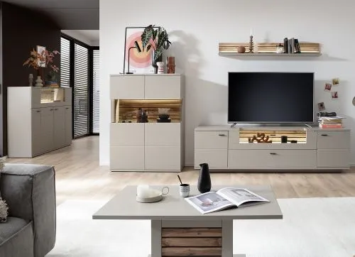 Highboard Lüttich | Basalt / Wotan Eiche | mit Bandbeleuchtung