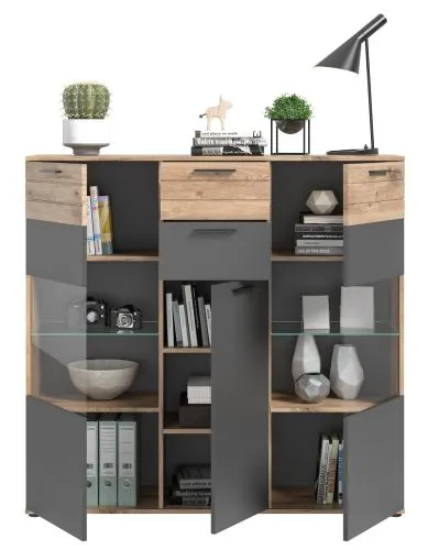 Highboard Mason | Nox Oak / Basalt Grau mit 2er Set LED Glasbodenclips