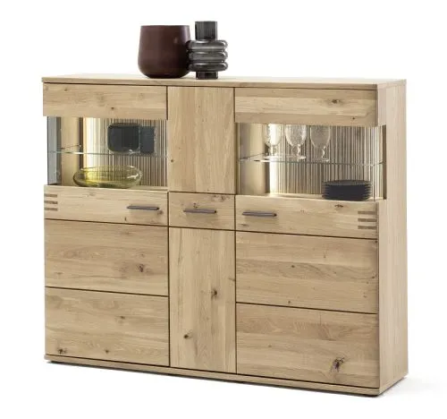 Highboard Salvador | Balkeneiche Bianco | mit 4er Set LED Beleuchtung 30 cm