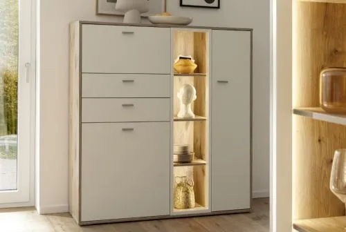 Highboard Santerno | Soft white / Viking Oak | LED Beleuchtung