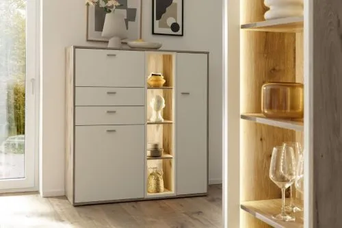Highboard Santerno | Soft white / Viking Oak | mit Beleuchtung