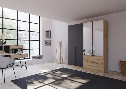 Kleiderschrank Drehtürenschrank Dark&Wood | 4-türig | mit Spiegeltüren & Schubkästen | grau metallic / Eiche Artisan | 181x210