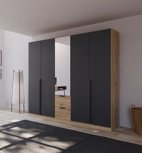 Kleiderschrank Drehtürenschrank Dark&Wood | 5-türig | mit Spiegeltüren & Schubkästen | grau metallic / Eiche Artisan | 226x210