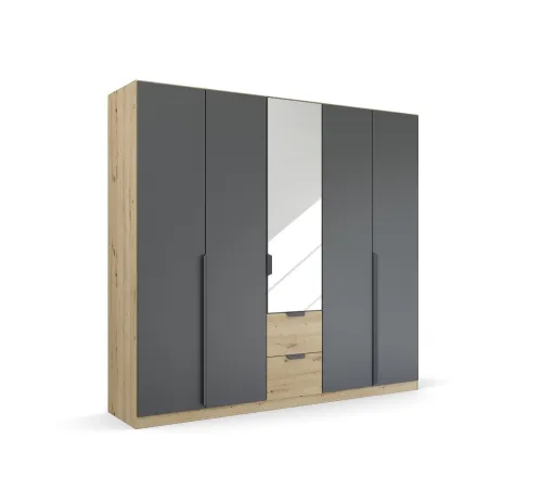 Kleiderschrank Drehtürenschrank Dark&Wood | 5-türig | mit Spiegeltüren & Schubkästen | grau metallic / Eiche Artisan | 226x210
