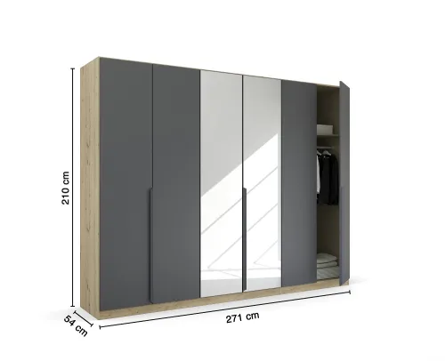 Kleiderschrank Drehtürenschrank Dark&Wood | 6-türig | mit Spiegeltüren | grau metallic / Eiche Artisan | 271x210