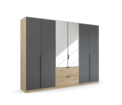 Kleiderschrank Drehtürenschrank Dark&Wood | 6-türig | mit Spiegeltüren & Schubkästen | grau metallic / Eiche Artisan | 271x210