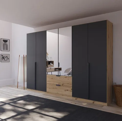 Kleiderschrank Drehtürenschrank Dark&Wood | mit Spiegel & Schubkästen | grau metallic / Eiche Artisan | verschiedene Größen