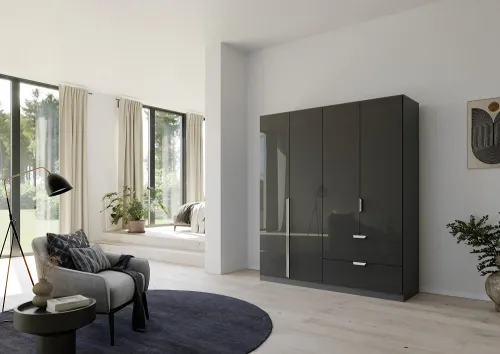 Kleiderschrank Drehtürenschrank Glamour | 4-türig | mit Schubkästen | effektgrau Hochglanz / grau metallic | 181x210