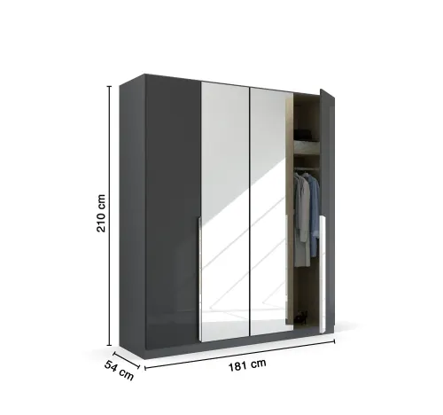 Kleiderschrank Drehtürenschrank Glamour | 4-türig | mit Spiegeltüren | effektgrau Hochglanz / grau metallic | 181x210