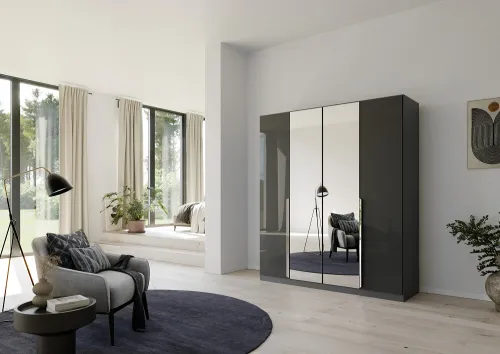 Kleiderschrank Drehtürenschrank Glamour | 4-türig | mit Spiegeltüren | effektgrau Hochglanz / grau metallic | 181x210