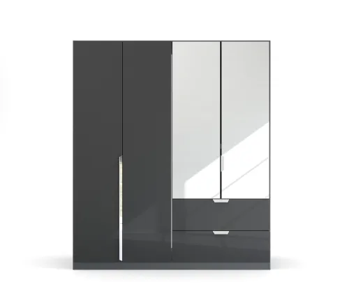 Kleiderschrank Drehtürenschrank Glamour | 4-türig | mit Spiegeltüren & Schubkästen | effektgrau Hochglanz / grau metallic | 181x210x54