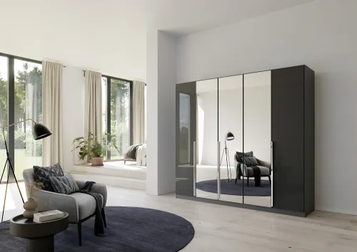 Kleiderschrank Drehtürenschrank Glamour | 5-türig | mit Spiegeltüren | effektgrau Hochglanz / grau metallic | 226x210
