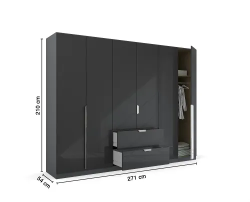 Kleiderschrank Drehtürenschrank Glamour | 6-türig | mit Schubkästen | effektgrau Hochglanz / grau metallic | 271x210