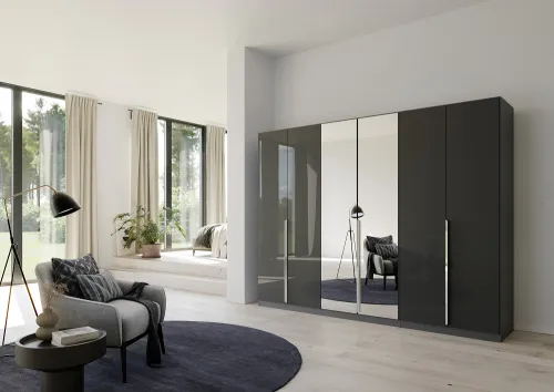 Kleiderschrank Drehtürenschrank Glamour | 6-türig | mit Spiegeltüren | effektgrau Hochglanz / grau metallic | 271x210
