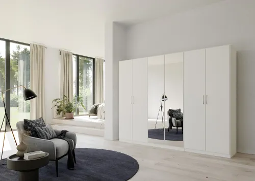 Kleiderschrank Drehtürenschrank Glamour | 6-türig | mit Spiegeltüren | weiß Hochglanz / alpinweiß | 271x210