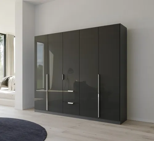 Kleiderschrank Drehtürenschrank Glamour | mit Schubkästen | effektgrau Hochglanz / grau metallic | verschiedene Größen
