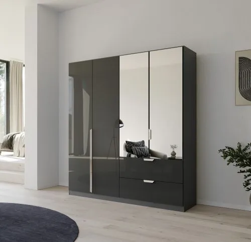 Kleiderschrank Drehtürenschrank Glamour | mit Spiegeltüren & Schubkästen | effektgrau Hochglanz / grau metallic | verschiedene Größen