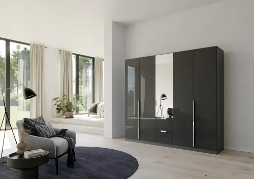 Kleiderschrank Drehtürenschrank Glamour | mit Spiegeltüren & Schubkästen | effektgrau Hochglanz / grau metallic | verschiedene Größen