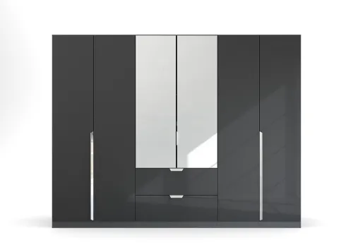 Kleiderschrank Drehtürenschrank Glamour | mit Spiegeltüren & Schubkästen | effektgrau Hochglanz / grau metallic | verschiedene Größen