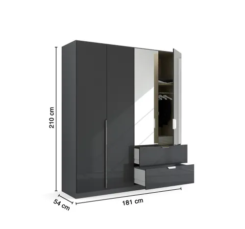 Kleiderschrank Drehtürenschrank Glamour | mit Spiegeltüren & Schubkästen | effektgrau Hochglanz / grau metallic | verschiedene Größen