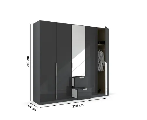 Kleiderschrank Drehtürenschrank Glamour | mit Spiegeltüren & Schubkästen | effektgrau Hochglanz / grau metallic | verschiedene Größen