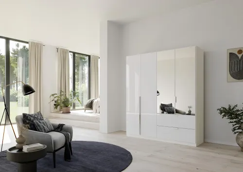 Kleiderschrank Drehtürenschrank Glamour | mit Spiegeltüren & Schubkästen | weiß Hochglanz / alpinweiß | verschiedene Größen