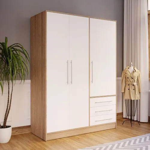 Kleiderschrank Drehtürenschrank Jupp | 3-türig | mit Schubkästen | Sonoma Eiche / weiß | 144,6 x 200 x 60 cm