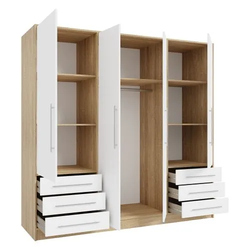 Kleiderschrank Drehtürenschrank Jupp | 4-türig | mit Schubkästen | Sonoma Eiche / weiß | 206,5 x 200 x 60 cm