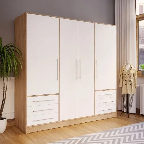 Kleiderschrank Drehtürenschrank Jupp | 4-türig | mit Schubkästen | Sonoma Eiche / weiß | 206,5 x 200 x 60 cm