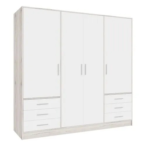 Kleiderschrank Drehtürenschrank Jupp | mit Schubkästen | Sandeiche / weiß | 206,5 x 200 x 60 cm Sanduhrgriff