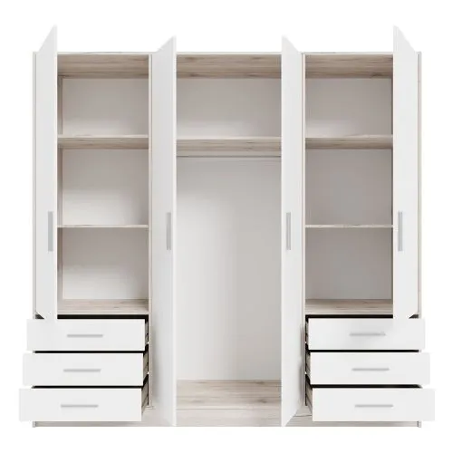 Kleiderschrank Drehtürenschrank Jupp | mit Schubkästen | Sandeiche / weiß | 206,5 x 200 x 60 cm Sanduhrgriff