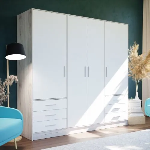 Kleiderschrank Drehtürenschrank Jupp | mit Schubkästen | Sandeiche / weiß | 206,5 x 200 x 60 cm Sanduhrgriff