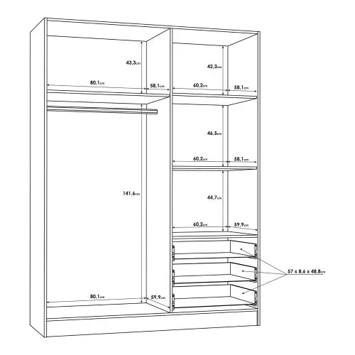 Kleiderschrank Drehtürenschrank Jupp | mit Schubkästen | schwarz / weiß | 144,6 x 200 x 60 cm