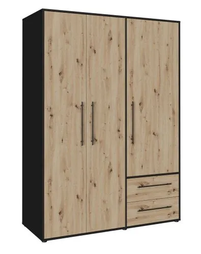 Kleiderschrank Drehtürenschrank Mokko | mit Schubkästen | schwarz / Artisan Eiche | 144,4 x 200 x 59 cm