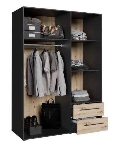 Kleiderschrank Drehtürenschrank Mokko | mit Schubkästen | schwarz / Artisan Eiche | 144,4 x 200 x 59 cm