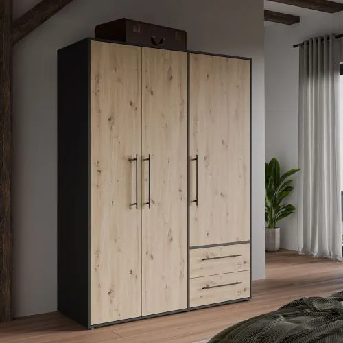 Kleiderschrank Drehtürenschrank Mokko | mit Schubkästen | schwarz / Artisan Eiche | 144,4 x 200 x 59 cm