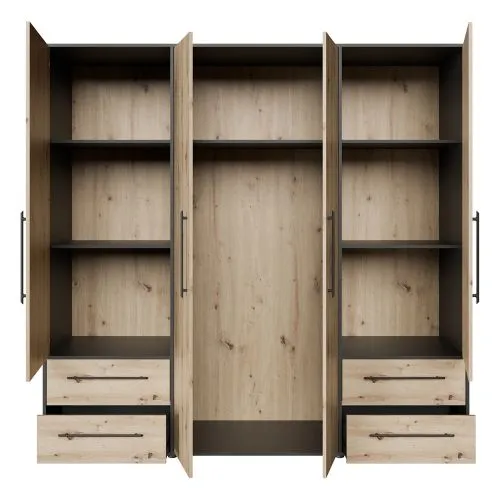 Kleiderschrank Drehtürenschrank Mokko | mit Schubkästen | schwarz / Artisan Eiche | 206 x 200 x 59 cm