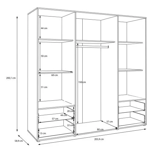 Kleiderschrank Drehtürenschrank Mokko | mit Schubkästen | schwarz / Artisan Eiche | 206 x 200 x 59 cm