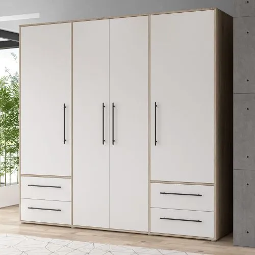 Kleiderschrank Drehtürenschrank Mokko | mit Schubkästen | Sonoma Eiche / weiß | 206 x 200 x 59 cm