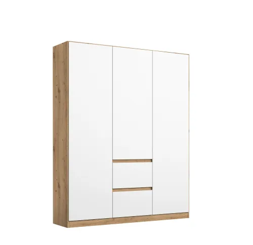 Kleiderschrank Drehtürenschrank Nidda | 3-türig | mit Schubkästen | Alpinweiß / Eiche Artisan